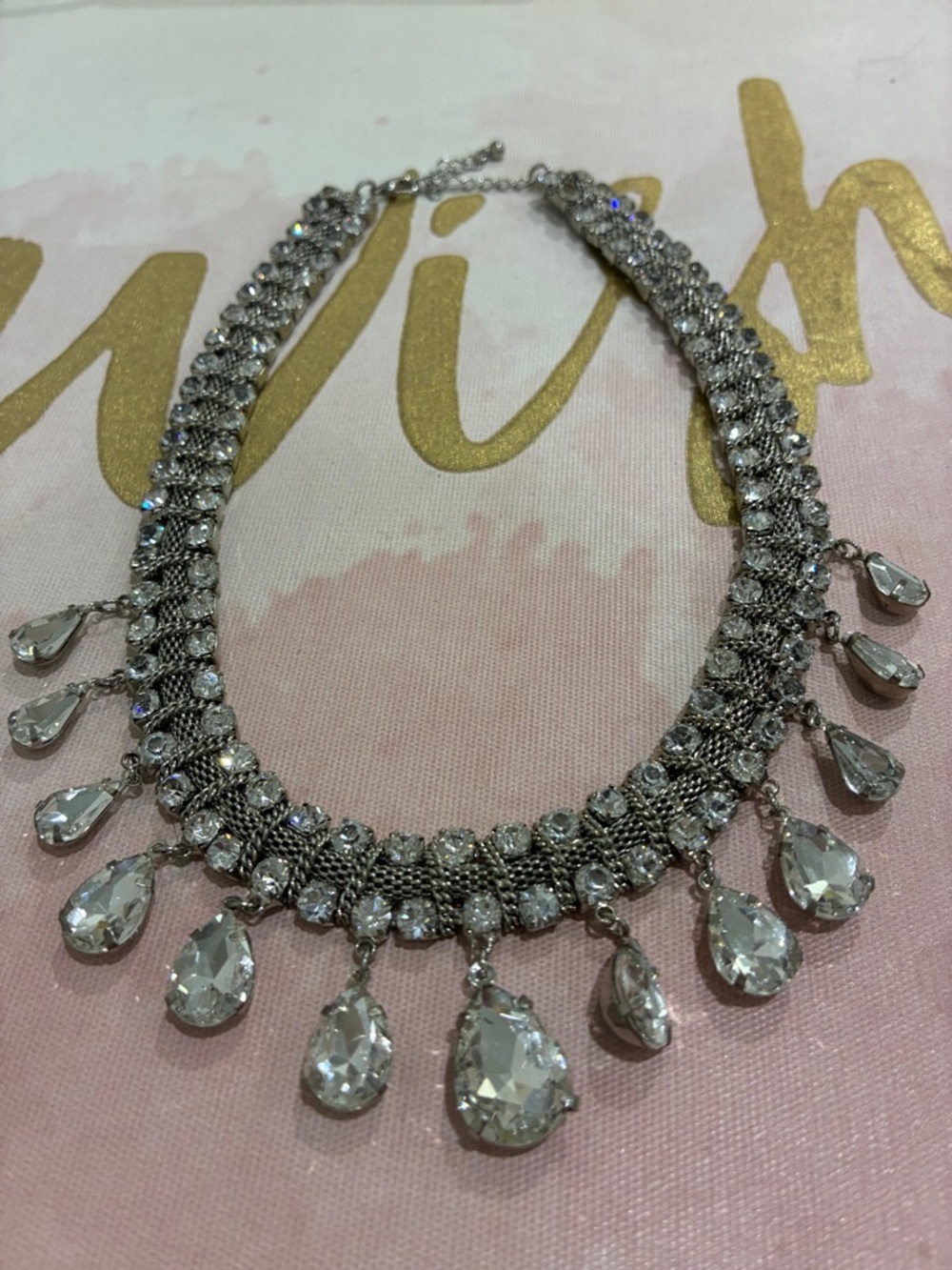 Crystal Teardrop Statement Necklace - Silver Tone
